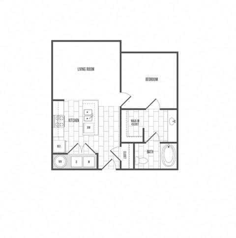 Floor plan for 1 bed, 1 bath, 615 sqft